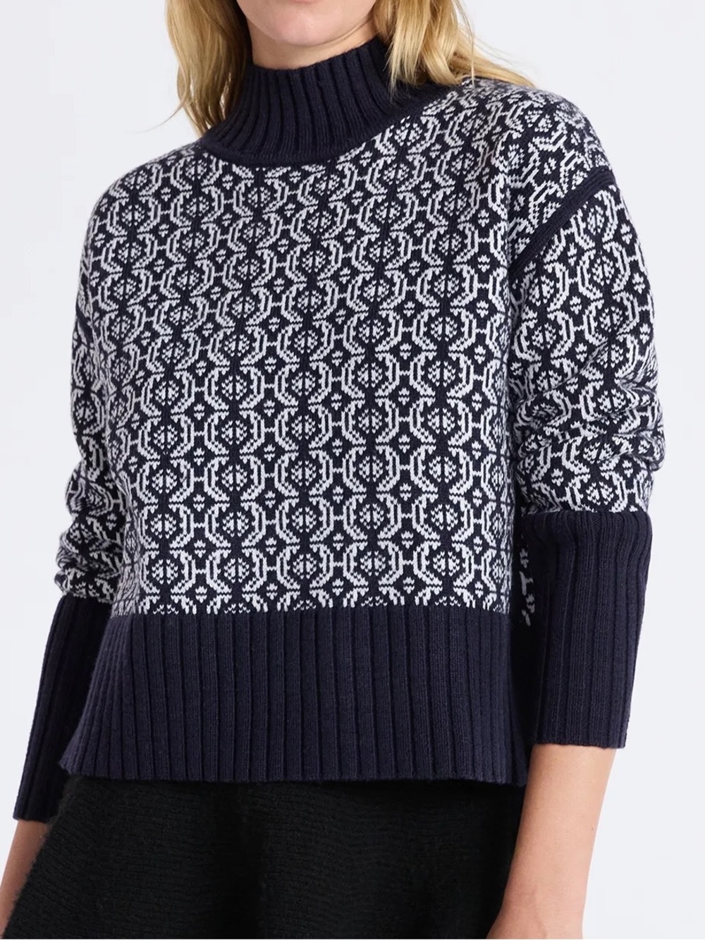 Free Assembly Mock Neck Sweater Navy White Nordic Knit Scandinavian